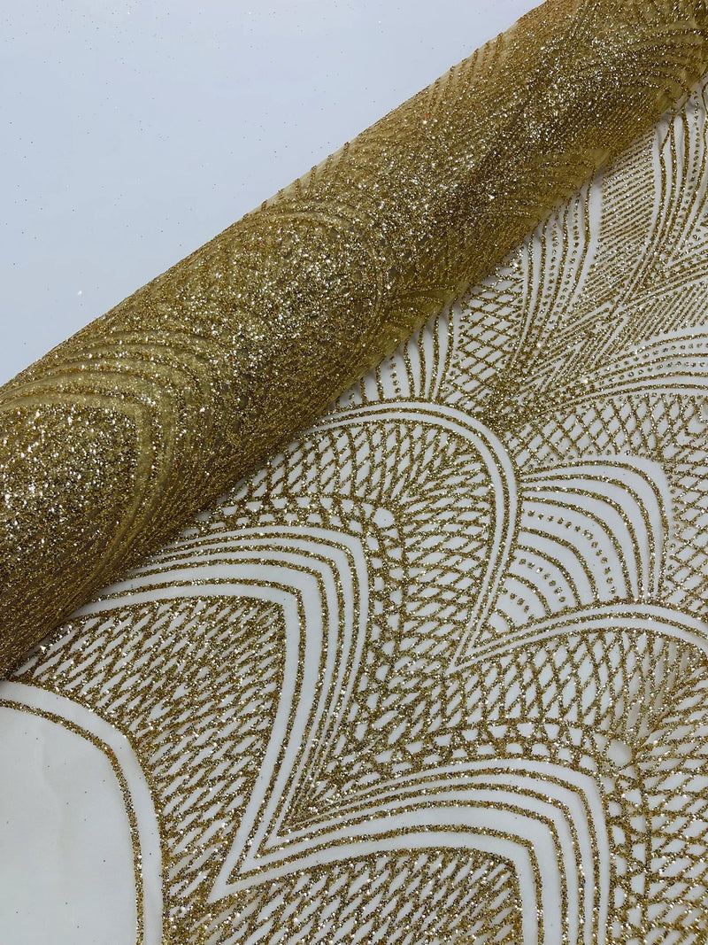 Shiny Glitter Geometric Fabric - Gold - Glitter Geometric Design Lace Mesh Fabric By Yard