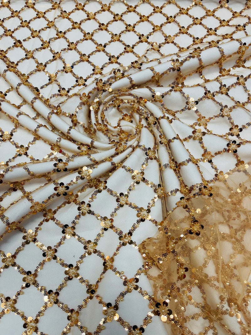Diamond Net Bead Fabric - Gold - Geometric Embroidery Beaded Sequins Fabric Sold By The Yard