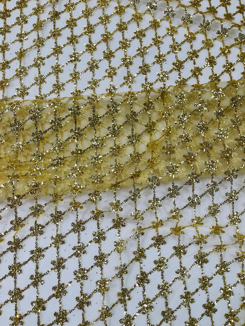 Diamond Design Glitter Fabric - Gold - Triangle Shiny Glitter Mesh with Flower Decor by Yard