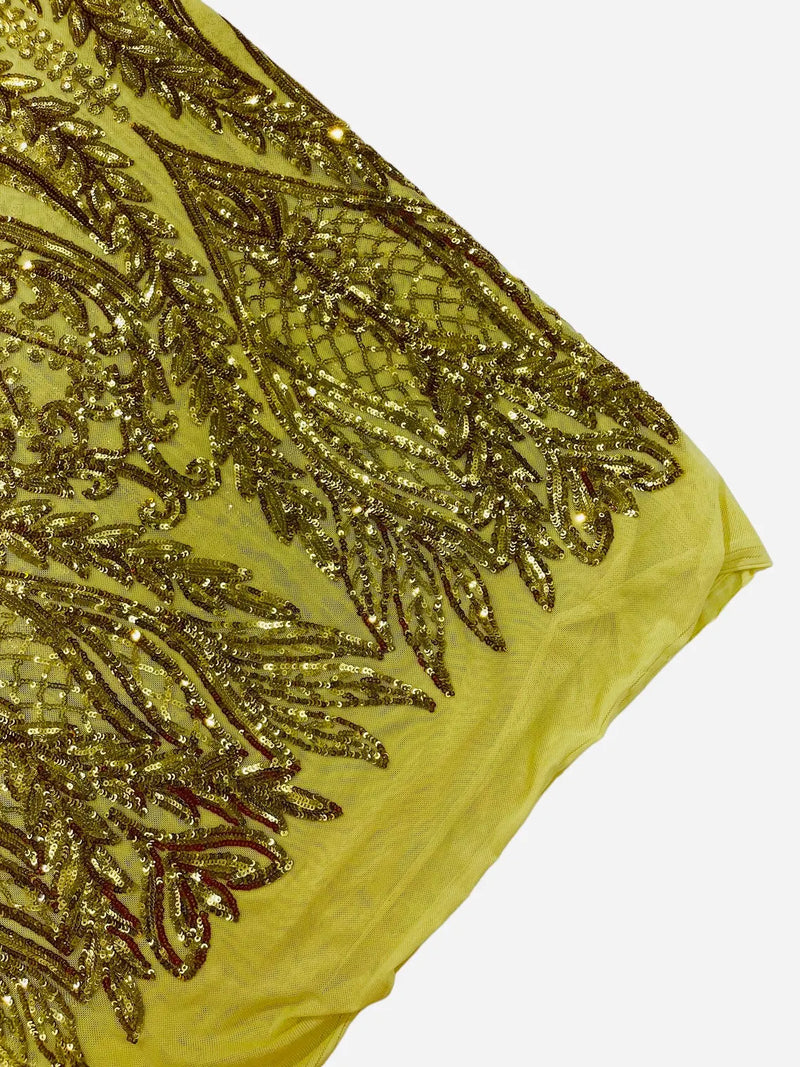 Mermaid Design Fabric - Gold - 4 Way Stretch Sequins Fabric on Lace Mesh Sold By Yard