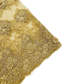 Flower 3D Corded Fabric - Gold - Lace Mesh Fabric Embroidered Floral Design by Yard