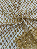 Diamond Net Sequins Fabric - Gold - Geometric Diamond Net Design on Mesh Lace Fabric By Yard