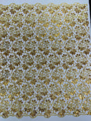 Metallic Thread Floral Design - Gold - Flower Lace Sequins Corded by the yard