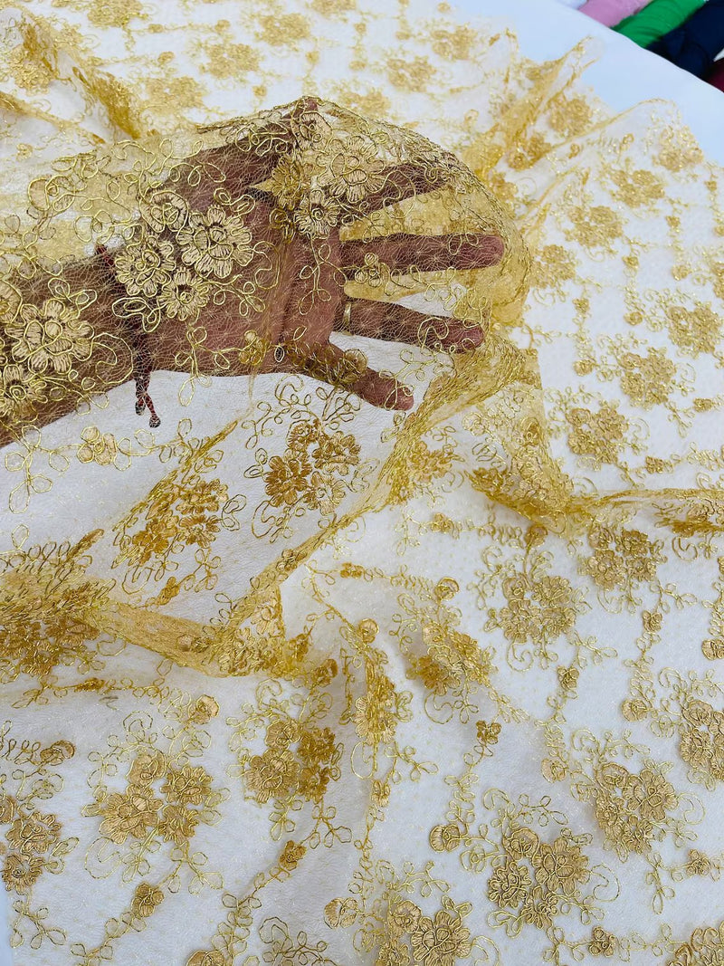 Jasmine Flower Fabric - Gold - Embroidered Floral Design Lace Mesh Bridal Fabric By Yard