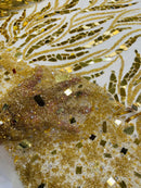 Plant Design Bead Fabric - Gold - Geometric Mirror Bead Handmade Design with Rhinestones By Yard