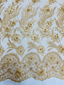 3D Floral Leaf Line Panels - Gold - 3D Embroidered Flower Lines with Pearls on Lace By Yard