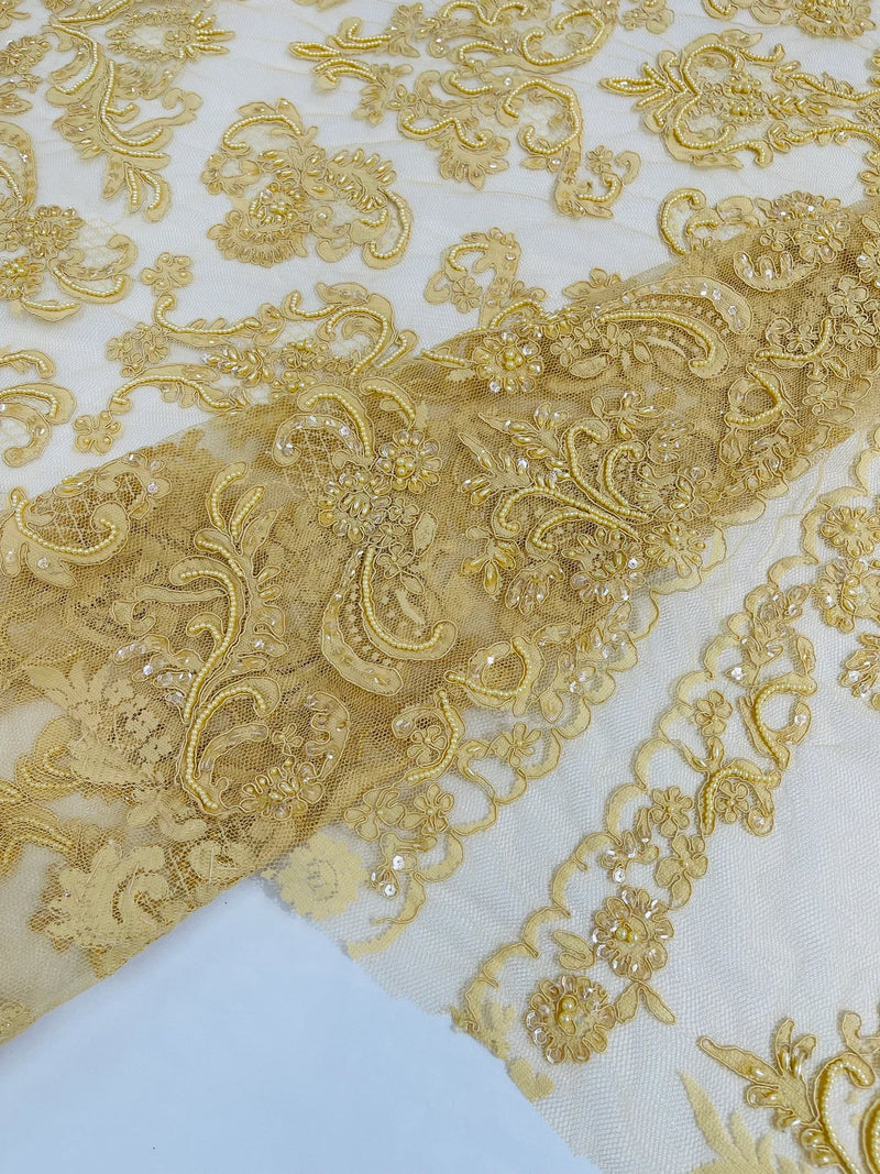 My Lady Beaded Fabric - Gold - Damask Beaded Sequins Embroidered Fabric By Yard