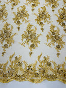 Beaded Sequins Floral Fabric - Gold - Embroidered Beaded Floral Clusters Sequins Fabric By Yard