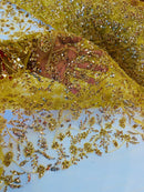 Floral Plant Bead Design - Gold - Beaded Flower Plants Embroidered  Sequins Fabric By Yard