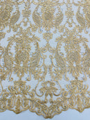 Rhinestone Design Fabric - Gold - Beaded Damask Design Embroidery Corded Lace  by Yard