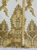 Beaded Floral Fabric - Gold - Luxury Bridal Floral Pattern Fabric With Beads, Sequins Sold By Yard