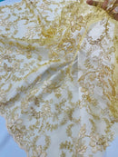Flower Metallic Lace Fabric - Gold - Corded Floral Sequins Design Fabric Embroidered on Lace by Yard