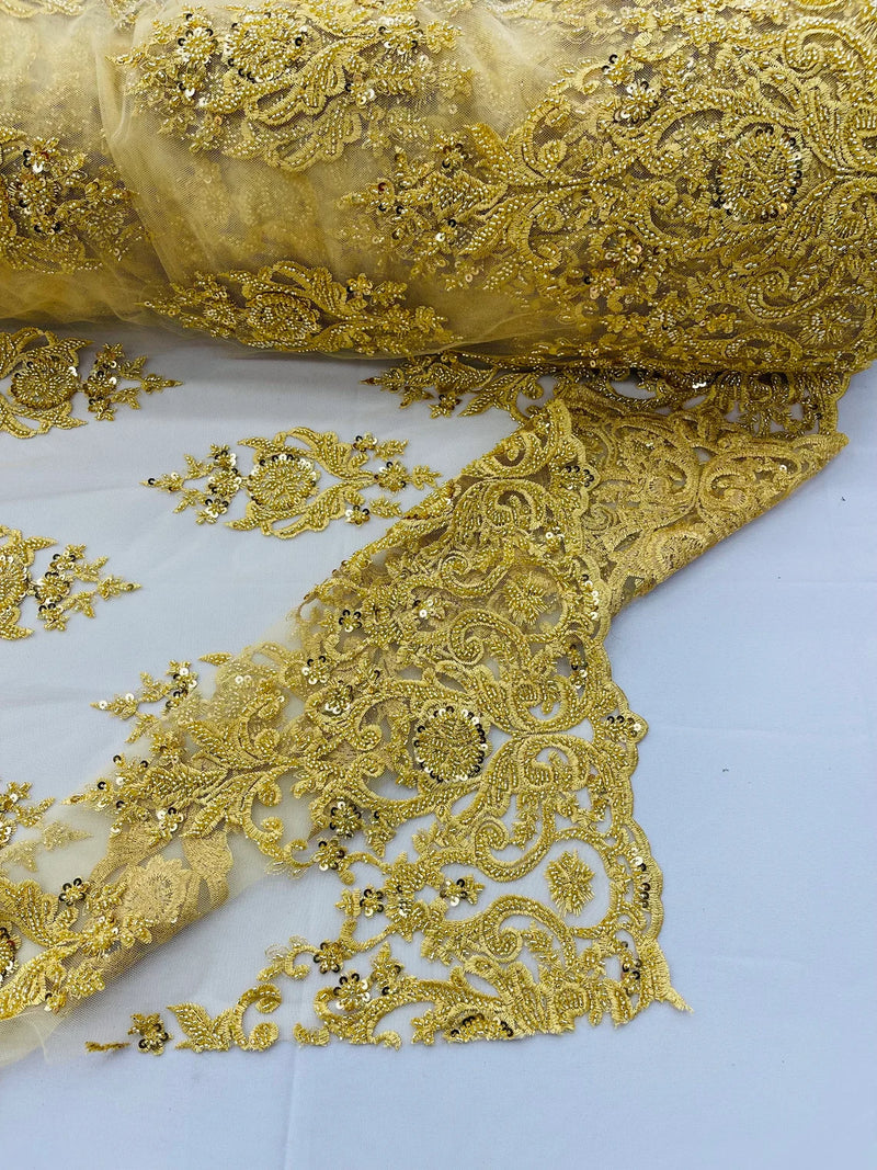 Embroidered Bead Fabric - Gold - Floral Damask Bead Bridal Lace Fabric by the yard