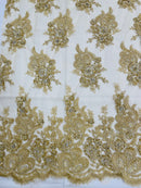 Beaded Rhinestone Fabric - Gold - Floral Rhinestone Beaded Design with Fancy Border Sold By Yard