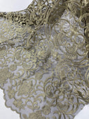 Damask Fancy Design - Gold - Embroidered Black Mesh Damask Design Lace Fabric Sold by Yard