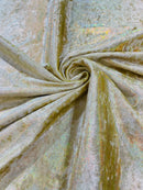 Foggy Foil Velvet Fabric - Iridescent Silver on Gold - Oil Slick 4 Way Stretch Foil Velvet Fabric By Yard