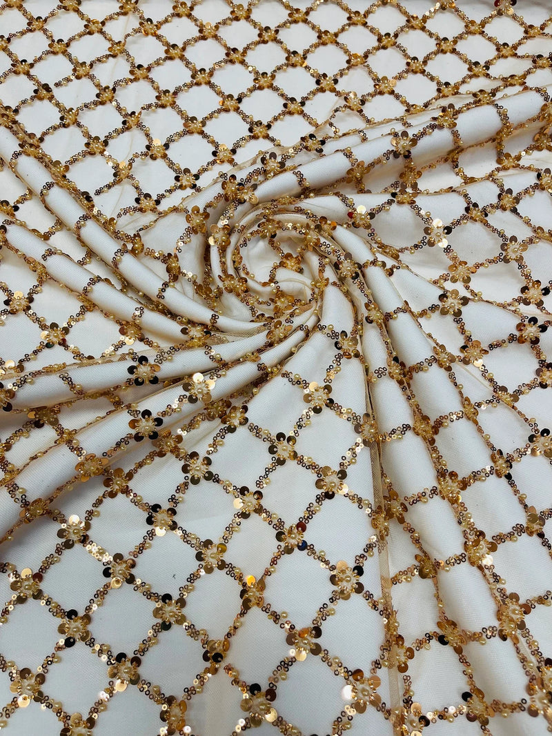 Diamond Net Bead Fabric - Gold - Geometric Embroidery Beaded Sequins Fabric Sold By The Yard