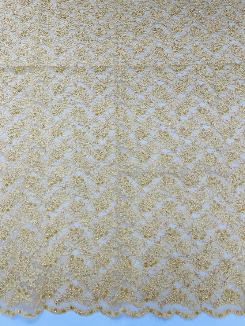 Pearls and Sequins Floral Fabric - Gold - Embroidered Beaded Sequins Fabric Lace By Yard