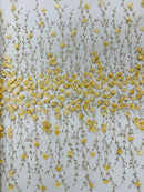 3D Glitter Floral Fabric - Gold - Floral Line Glitter Designs on Mesh Fabric Sold By Yard