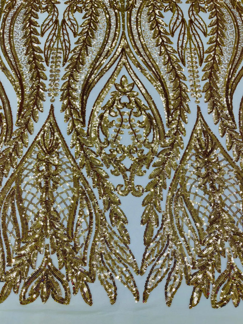 Mermaid Design Fabric - Gold - 4 Way Stretch Sequins Fabric on Lace Mesh Sold By Yard