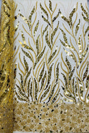 Plant Design Bead Fabric - Gold - Geometric Mirror Bead Handmade Design with Rhinestones By Yard