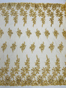 Rose Beaded Sequin Fabric - Gold - Embroidered Floral Pattern with Beads and Sequins By Yard