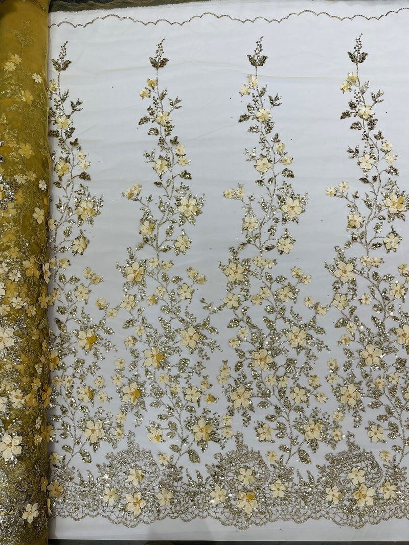 3D Glitter Floral Fabric - Gold - Glitter Sequin Flower Design on Lace Mesh Fabric by Yard