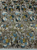 Orchid Flower Sequins Design - Gold - Embroidered 4 Way Stretch Full Of Sequins Fabric Sold By Yard