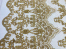 Damask Beaded Glam Fabric - Gold - Embroidery Beaded Fabric with Round Beads Sold By The Yard