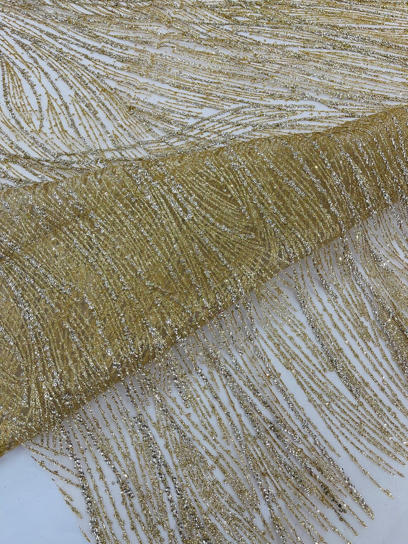 Glitter Lines on Tulle Lace Fabric - Gold - Tulle Glitter Mesh Line Design Fabric Sold By Yard