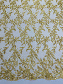 Gold Metallic Thread Leaf Design Embroidered With Sequins on a Mesh Lace Fabric by the Yard