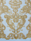 King Lace Design Fabric - Gold - King Design with Sequins Embroidered On Mesh By Yard