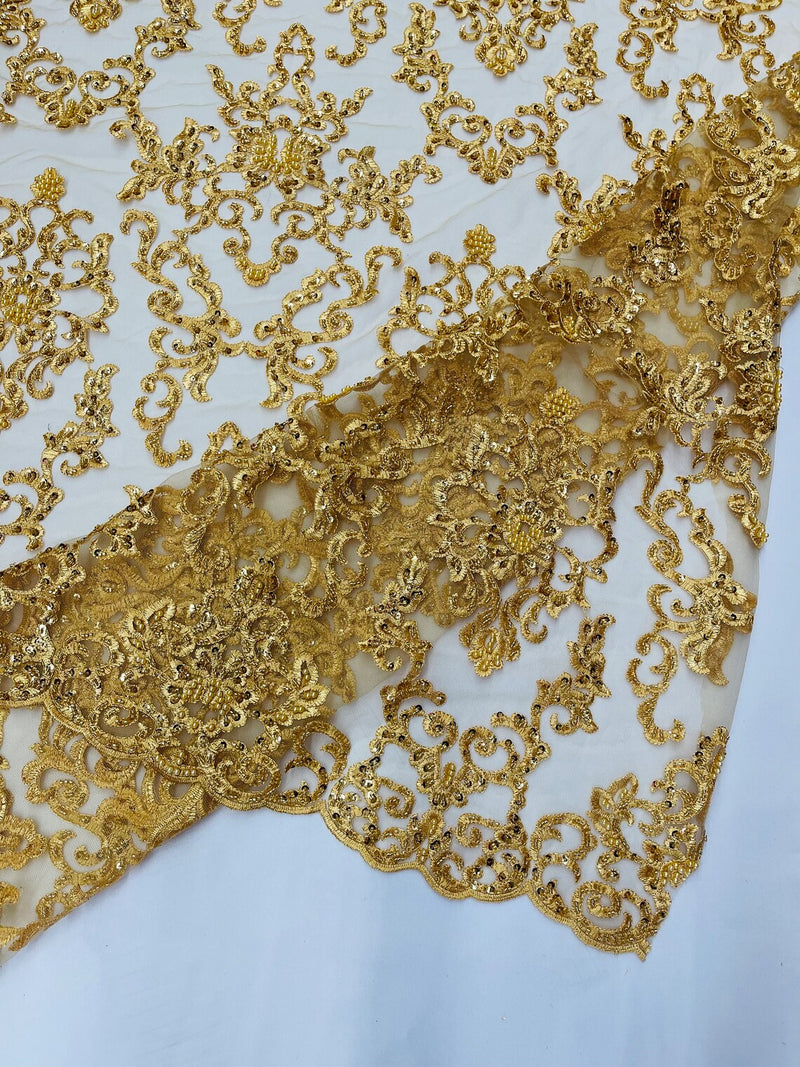 Beaded Butterfly Pattern Fabric - Gold - Damask Fancy Bead Sequins Fabric Sold by Yard