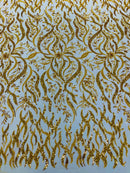 Floral & Leaf Pattern Bead Fabric - Gold - Embroidered Beaded Rhinestone on a Mesh, Sold By Yard