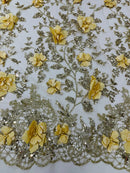 Big Flower 3D Glitter Fabric - Gold - Embroidered Floral Sequins Design Fabric by Yard