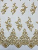 Floral Cluster Beaded Fabric - Gold - Embroidered Flower Beaded Fabric Sold By Yard