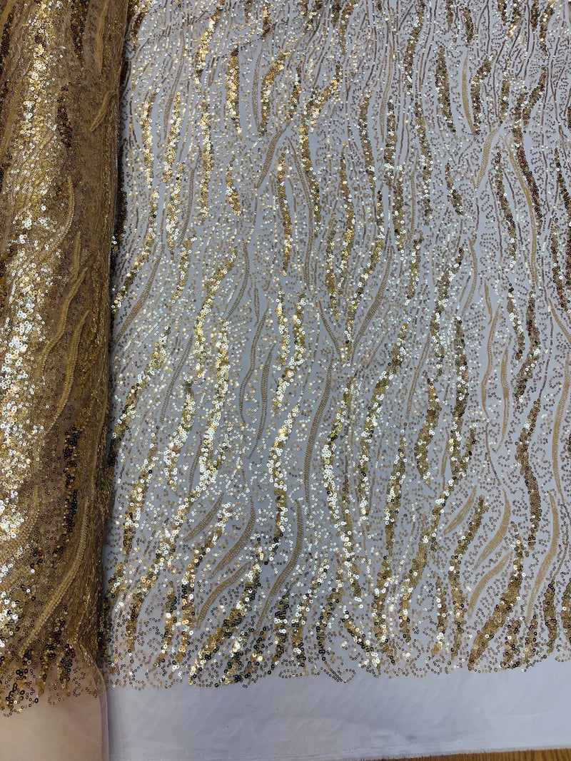Wavy Leaf Lines Fabric - Gold - Beaded Sequins Leaf Pattern Embroidered On Mesh By Yard