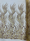 Wavy Lines Leaf Bead Fabric - Gold - Embroidered Leaf Beaded Mesh By Yard