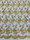 Metallic Floral Butterfly Fabric - Gold - Embroidered Floral Butterfly Design Mesh Fabric by Yard