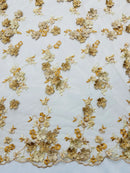 3D Multi-Color Flower Lace - Gold - Flower Leaf 3D Multi-Tone Fabrics Sold By Yard