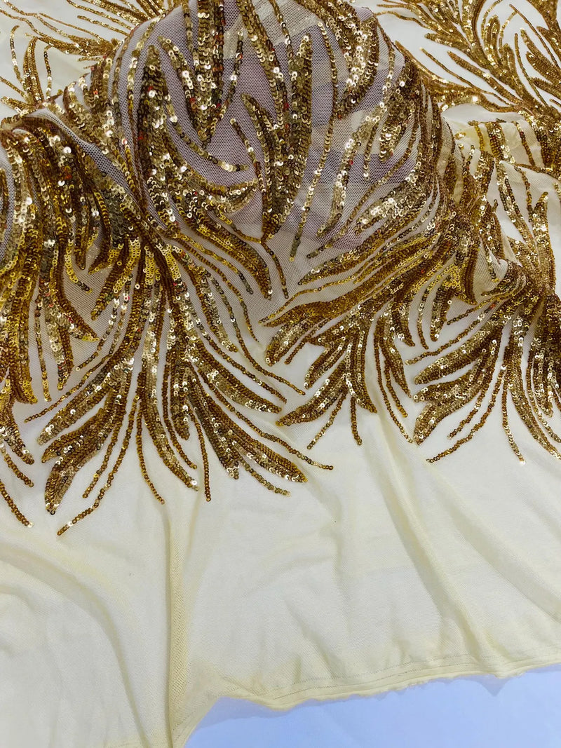 Leaf Stretch Sequins Fabric - Gold - 4 Way Stretch Sequins on Lace Mesh Fabric by Yard