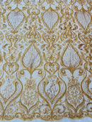 Leaf Damask Bead Fabric - Gold - Embroidered Sequins Heavy Beaded Lace Fabric by Yard