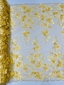 Floral 3D Pearl Fabric - Gold - Embroidered Double Border Flower Design Pearl Fabric By Yard
