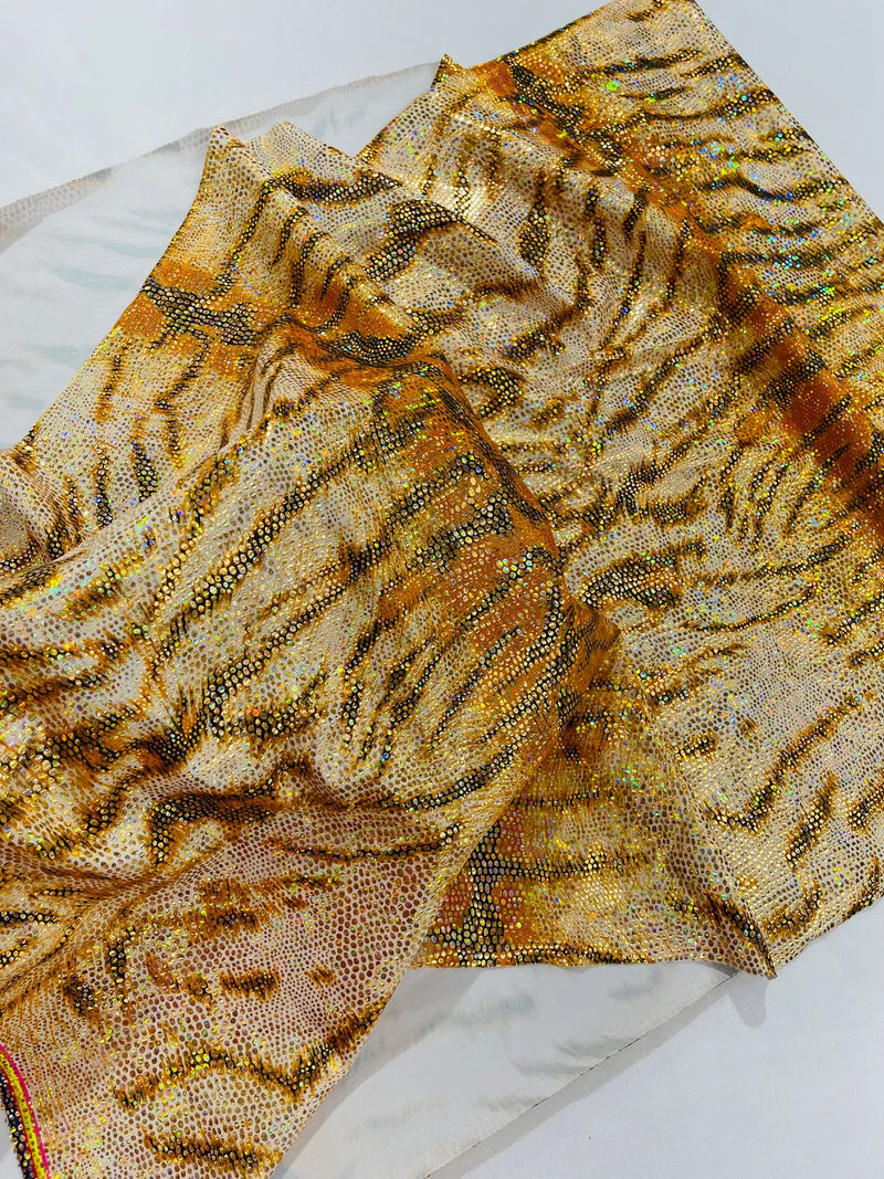 Tiger Print Spandex Fabric - Gold - Mystique 4 Way Stretch Animal Print Fabric 58/60" By Yard