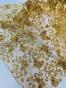 Butterflies Swirl Design - Gold -  Metallic Sequins Butterflies on Lace Fabric By Yard