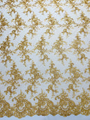 Plant Design Lace Fabric - Gold - Small Plant Flower Leaf Design Lace Fabric Sold By Yard