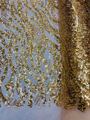 Wavy Floral Beaded Fabric - Gold - Geometric Beaded Sequins Embroidered Fabric Sold By Yard