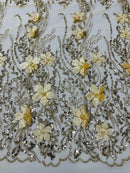 Flower 3D Glitter Fabric - Gold - Embroidered Floral Sequins Design Fabric by Yard