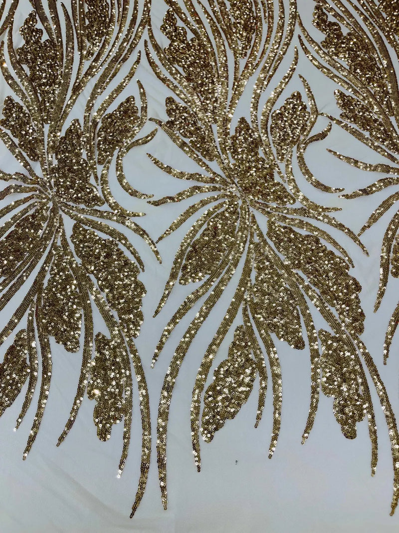 Wavy Leaf Design Fabric - Gold - 4 Way Stretch Sequins Lace Mesh Leaf Design Fabric by Yard