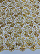 Metallic Thread Floral Design - Gold - Flower Lace Sequins Corded by the yard